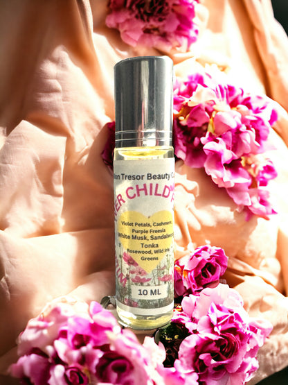 Wildflower Child Perfume Oil, Tonka, purple freesia, wild iris, rosewood, violet petals, greens, cashmere, white musk, natural perfume, alcohol free, cruelty free, vegan friendly, women’s perfume, layering perfume,