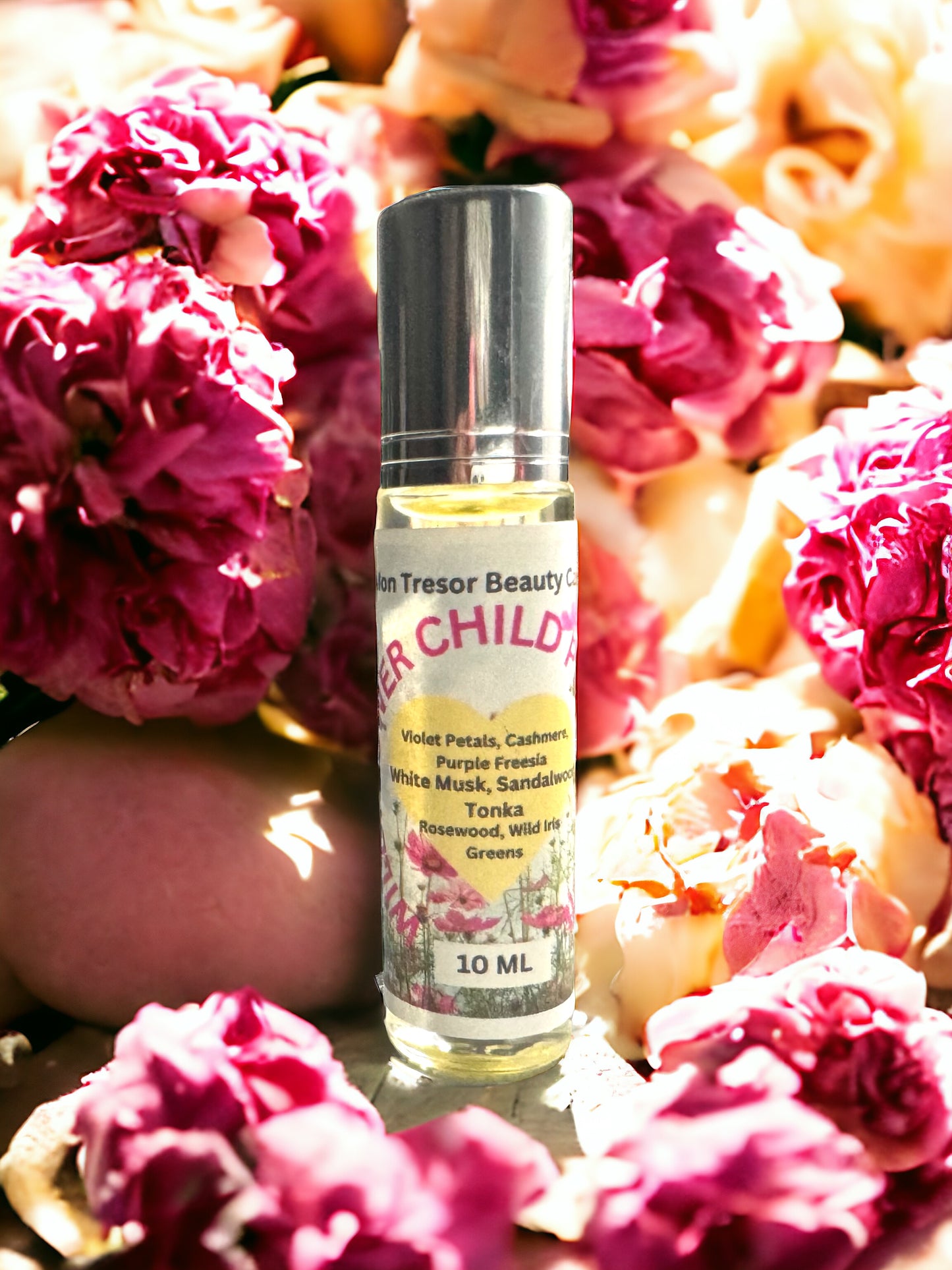 Wildflower Child Perfume Oil, Tonka, purple freesia, wild iris, rosewood, violet petals, greens, cashmere, white musk, natural perfume, alcohol free, cruelty free, vegan friendly, women’s perfume, layering perfume,