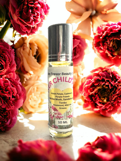 Wildflower Child Perfume Oil, Tonka, purple freesia, wild iris, rosewood, violet petals, greens, cashmere, white musk, natural perfume, alcohol free, cruelty free, vegan friendly, women’s perfume, layering perfume,