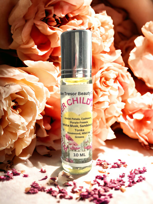 Wildflower Child Perfume Oil, Tonka, purple freesia, wild iris, rosewood, violet petals, greens, cashmere, white musk, natural perfume, alcohol free, cruelty free, vegan friendly, women’s perfume, layering perfume,