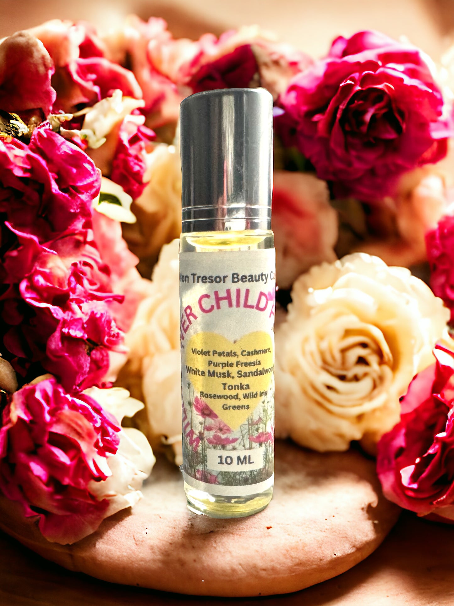 Wildflower Child Perfume Oil, Tonka, purple freesia, wild iris, rosewood, violet petals, greens, cashmere, white musk, natural perfume, alcohol free, cruelty free, vegan friendly, women’s perfume, layering perfume,