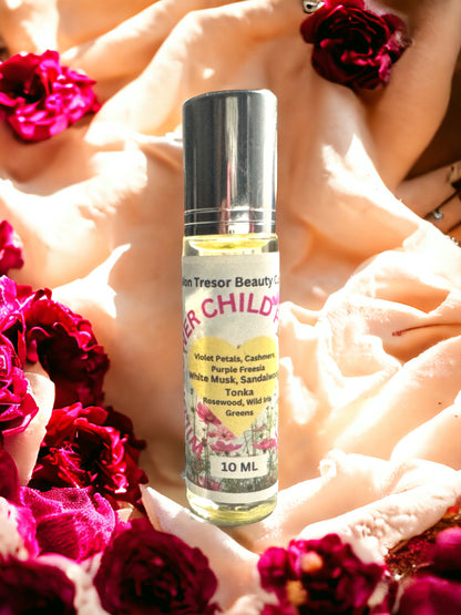 Wildflower Child Perfume Oil, Tonka, purple freesia, wild iris, rosewood, violet petals, greens, cashmere, white musk, natural perfume, alcohol free, cruelty free, vegan friendly, women’s perfume, layering perfume,