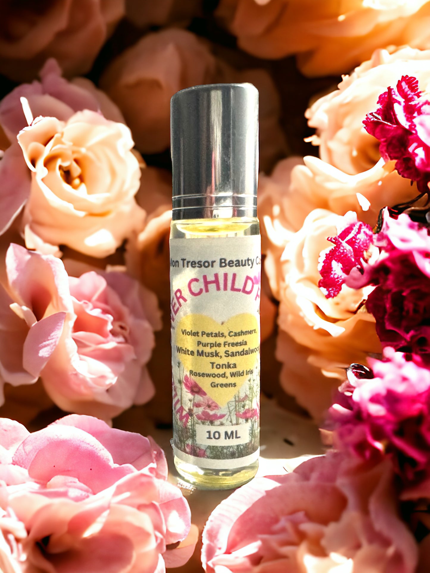 Wildflower Child Perfume Oil, Tonka, purple freesia, wild iris, rosewood, violet petals, greens, cashmere, white musk, natural perfume, alcohol free, cruelty free, vegan friendly, women’s perfume, layering perfume,