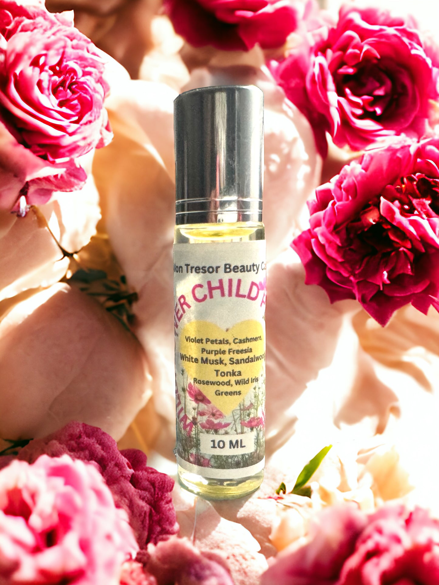 Wildflower Child Perfume Oil, Tonka, purple freesia, wild iris, rosewood, violet petals, greens, cashmere, white musk, natural perfume, alcohol free, cruelty free, vegan friendly, women’s perfume, layering perfume,