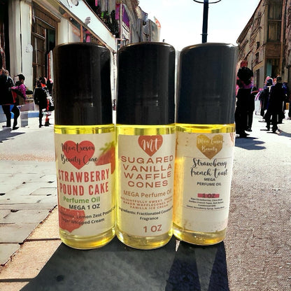 Strawberry pound cake, sugared vanilla waffle cone and strawberry French toast mega 1 oz body oil roll-on, scented body oil roll-on vanilla scent