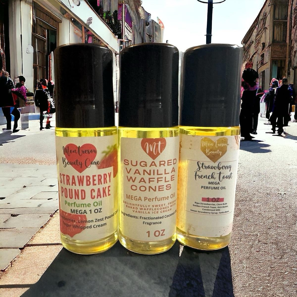 Strawberry pound cake, sugared vanilla waffle cone and strawberry French toast mega 1 oz body oil roll-on, scented body oil roll-on vanilla scent