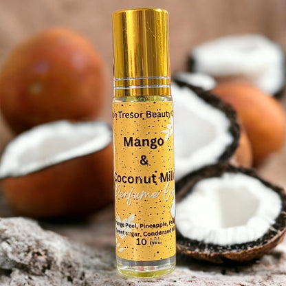 Mango and Coconut Milk Body Oil Roll- On, naturally scented, cruelty free, vegan friendly, exotic coconut, juicy mango, Women Fruity Scent Scented Blend Fragrance Aroma Cologne