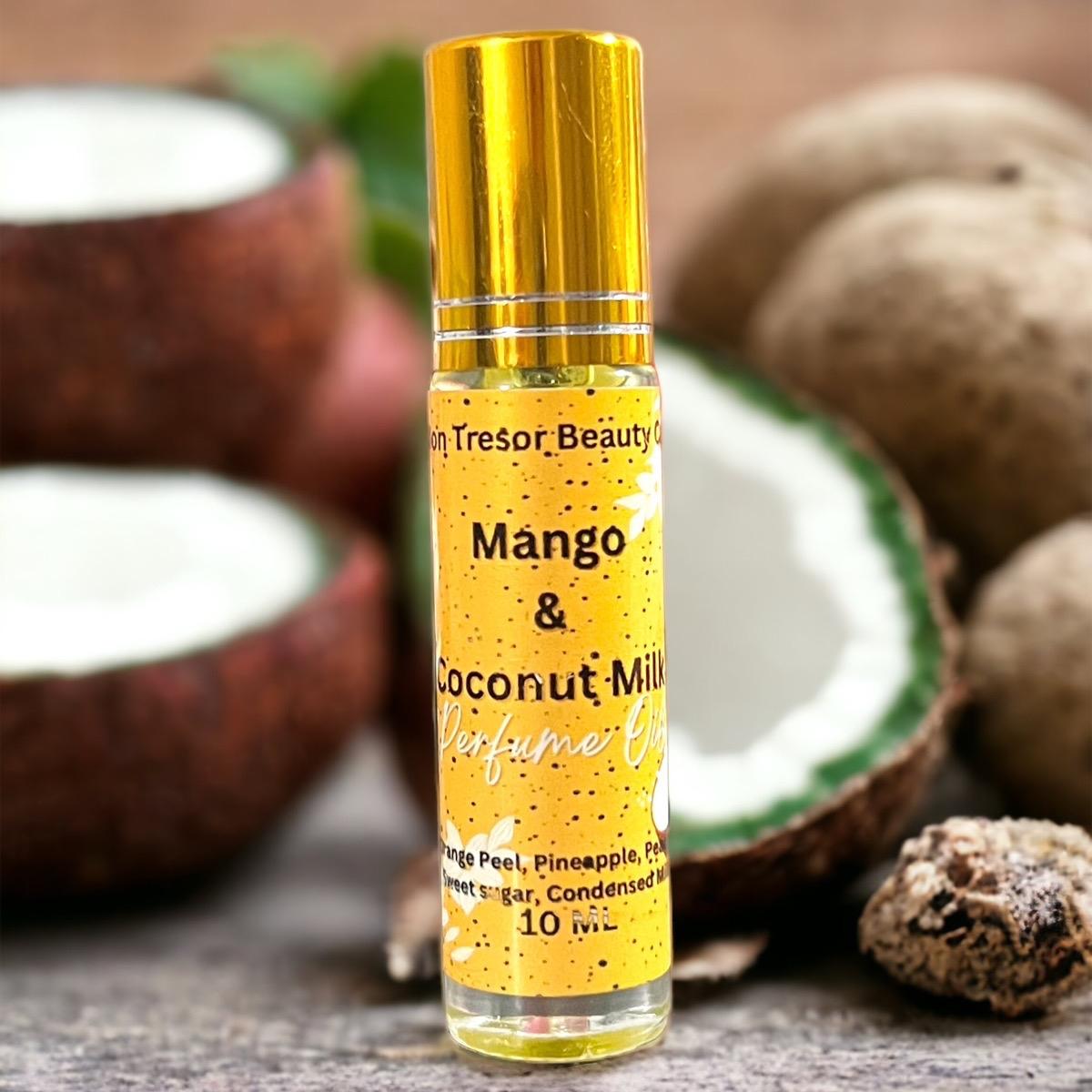 Mango and Coconut Milk Body Oil Roll- On, naturally scented, cruelty free, vegan friendly, exotic coconut, juicy mango, Women Fruity Scent Scented Blend Fragrance Aroma Cologne