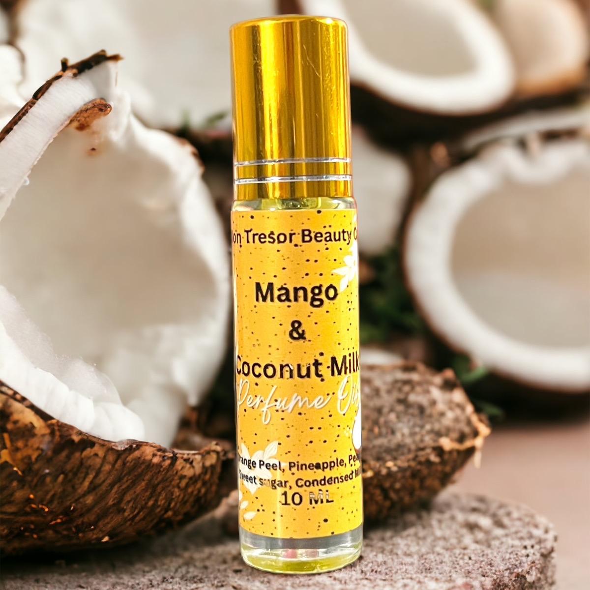 Mango and Coconut Milk Body Oil Roll- On, naturally scented, cruelty free, vegan friendly, exotic coconut, juicy mango, Women Fruity Scent Scented Blend Fragrance Aroma Cologne