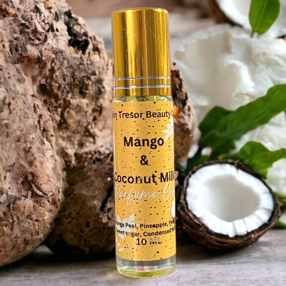 Mango and Coconut Milk Body Oil Roll- On, naturally scented, cruelty free, vegan friendly, exotic coconut, juicy mango, Women Fruity Scent Scented Blend Fragrance Aroma Cologne