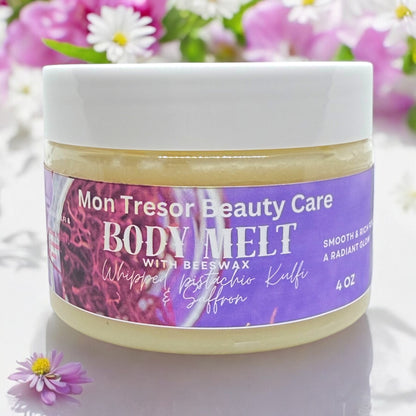 Mon Tresor Whipped Pistachio Kulfi and Saffron Body Melt 4 oz - Natural Body Butter for Hydration & All-Natural Body Care, Moisturizing & Hydrating oil